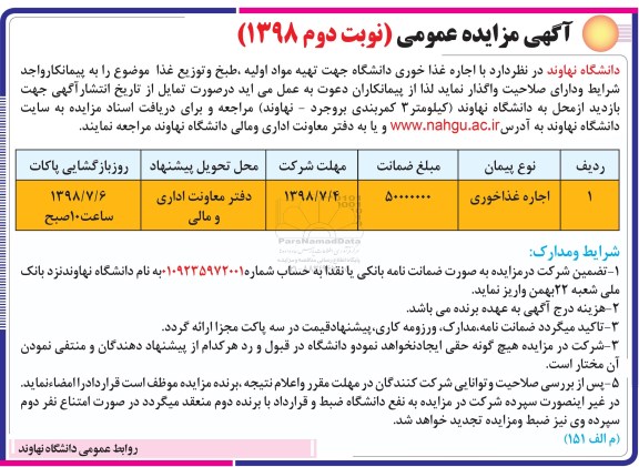آگهی مزایده عمومی , مزایده اجاره غذاخوری  نوبت دوم 