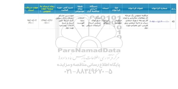 مناقصه، مناقصه مطالعات مکانیابی و ایجاد فاز توسعه ...