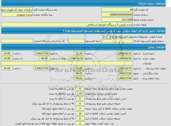 مزایده فروش 3 دستگاه خودروی اسقاطی