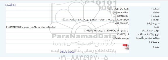 مناقصه , مناقصه اجرای عملیات توسعه ، احداث ، اصلاح و بهینه سازی منطقه