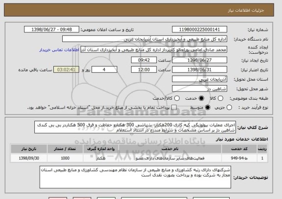 استعلام اجرای عملیات بیولوژیکی کپه کاری 200هکتار- بذرپاشی 300 هکتارو حفاظت و قرق 500 هکتاردر بی بی کندی شاهین دژ بر اساس مشخصات و شرایط مندرج در اسناد استعلام