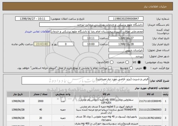 استعلام قرص و شربت (برند خاصی مورد نیاز نمیباشد)