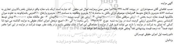 مزایده، مزایده فروش یک باب مغازه باکاربری تجاری به مساحت 5/82 مترمربع