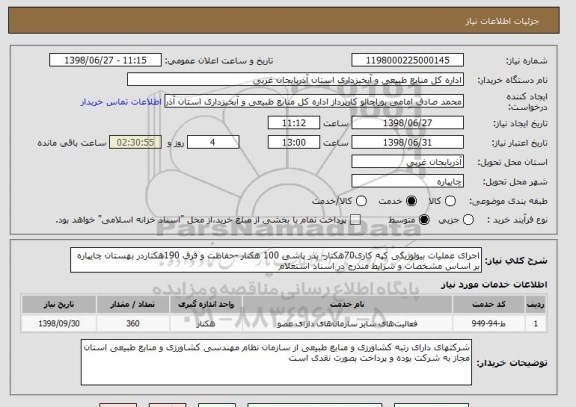 استعلام اجرای عملیات بیولوژیکی کپه کاری70هکتار- بذر پاشی 100 هکتار -حفاظت و قرق 190هکتاردر بهستان چایپاره بر اساس مشخصات و شرایط مندرج در اسناد استعلام