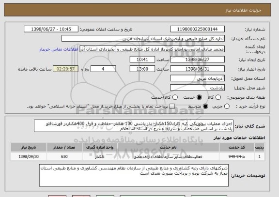 استعلام اجرای عملیات بیولوژیکی کپه کاری150هکتار- بذر پاشی 100 هکتار -حفاظت و قرق 400هکتاردر قورشاقلو پلدشت بر اساس مشخصات و شرایط مندرج در اسناد استعلام