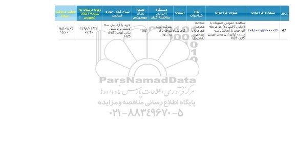 مناقصه , مناقصه خرید با آزمایش سه دست ترانزیشن بیس توربین گازی H25 