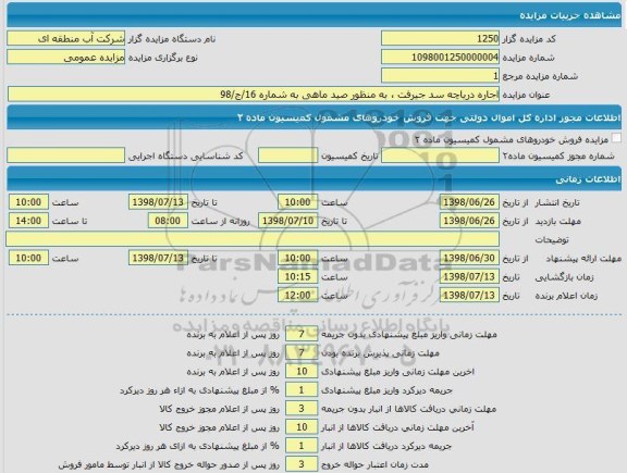 آگهی برگزاری مزایده عمومی , مزایده اجاره دریاچه سد ....