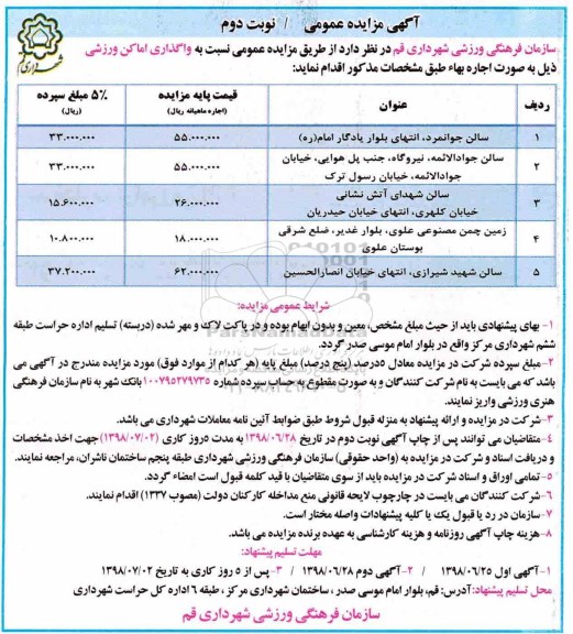 مزایده, مزایده واگذاری اماکن ورزشی - نوبت دوم 