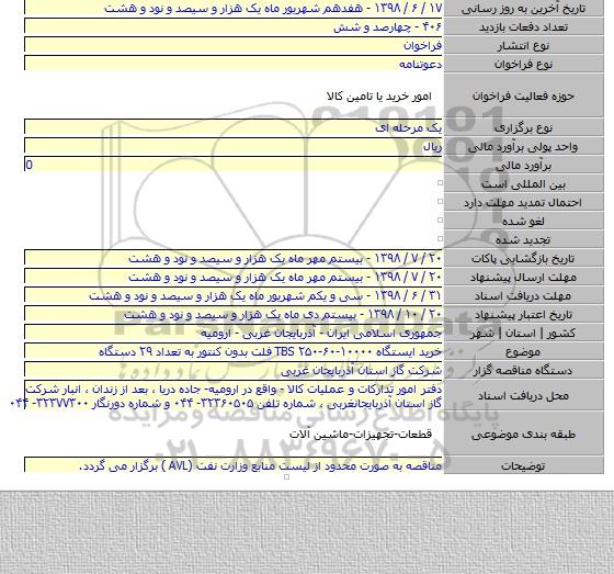 خرید ایستگاه TBS ۲۵۰-۶۰-۱۰۰۰۰ فلت بدون کنتور به تعداد ۲۹ دستگاه