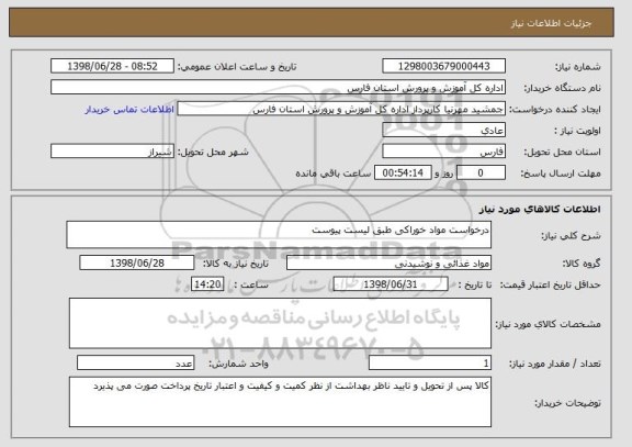 استعلام درخواست مواد خوراکی طبق لیست پیوست