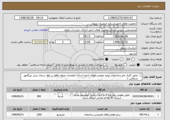 استعلام عایق کاری بام ساختمان صلح جمعیت هلال احمر استان خراسان رضوی واقع در بلوار سجاد نبش بزرگمهر شمالی 1
