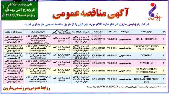 آگهی مناقصه عمومی , مناقصه BALL BEARING ...نوبت دوئم