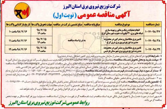مناقصه عمومی, مناقصه  انجام عملیات رینگ و مانور و بهینه سازی شبکه های برق 