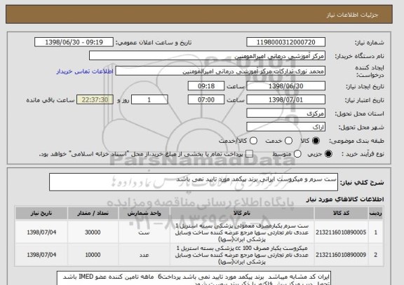 استعلام ست سرم و میکروست ایرانی برند پیکمد مورد تایید نمی باشد 