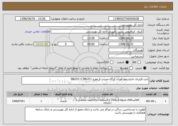 استعلام بابت قرارداد اجاره مهدکودک کرگان میناب از مورخ 98/7/1 تا 99/7/1