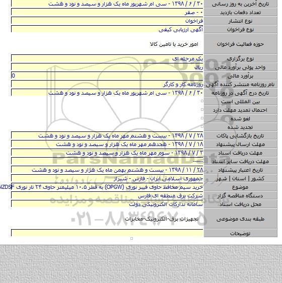 خرید سیم محافظ حاوی فیبر نوری (OPGW) به قطر ۱۰.۵ میلیمتر حاوی ۲۴ تار نوری NZDSF