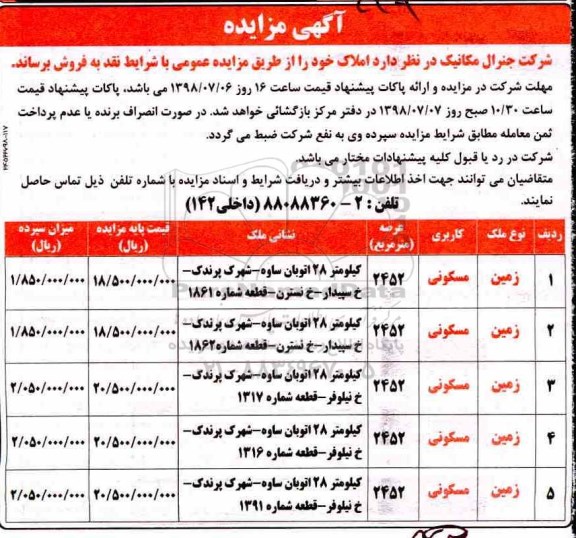 مزایده ،مزایده فروش املاک کاربری مسکونی