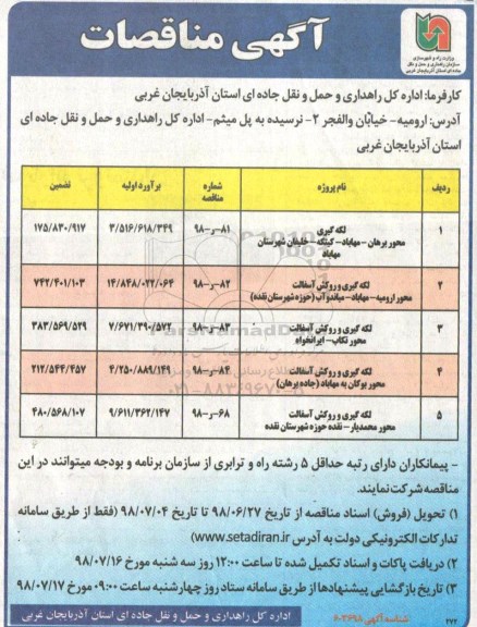 آگهی مناقصات ,مناقصه لکه گیری محور برهان 