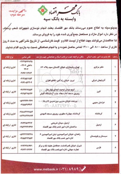 مزایده ، مزایده اموال مازاد و مستعمل جمع آوری شده - مرحله دوم