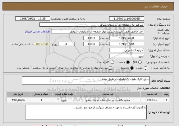 استعلام عایق کاری طرف 20کیلوولت از طریق ریکم 
