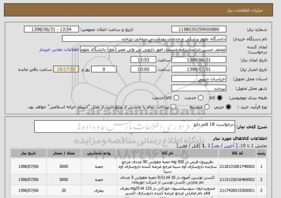استعلام درخواست 18 قلم دارو

