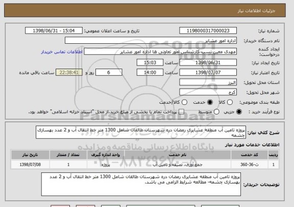 استعلام پروژه تامین آب منطقه عشایری رمضان دره شهرستان طالقان شامل 1300 متر خط انتقال آب و 2 عدد بهسازی چشمه