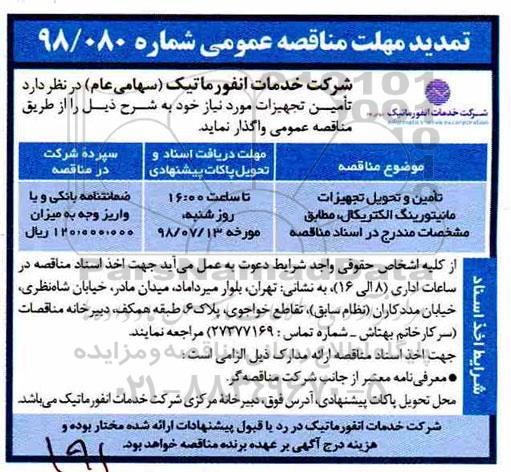 تمدید مناقصه عمومی, تمدید مناقصه تامین و تحویل تجهیزات مانیتورینگ الکتریکال