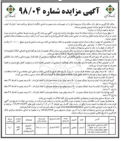 مزایده،مزایده فروش ملک مازاد کاربری مسکونی