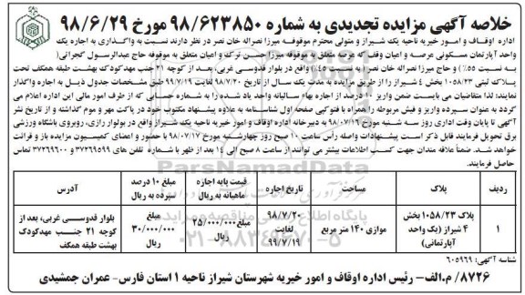 مزایده،مزایده اجاره یک واحد آپارتمان مسکونی
