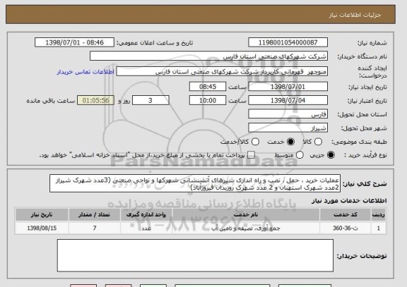 استعلام عملیات خرید ، حمل ، نصب و راه اندازی شیرهای آتشنشانی شهرکها و نواحی صنعتی (3عدد شهرک شیراز 2عدد شهرک استهبان و 2 عدد شهرک روزبدان فیروزآباد)