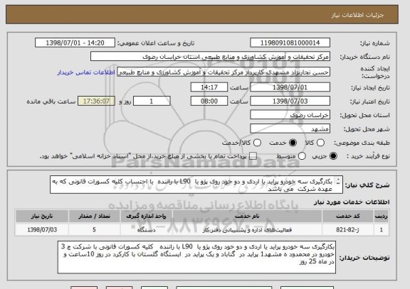 استعلام بکارگیری سه خودرو پراید یا اردی و دو خود روی پژو یا  L90 با راننده  با احتساب کلیه کسورات قانونی که به عهده شرکت  می باشد

 