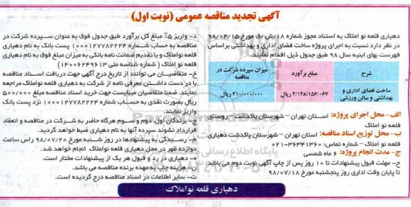 آگهی تجدید مناقصه عمومی, مناقصه ساخت فضای اداری و بهداشتی  و سالن ورزشی-تجدید 
