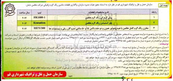 آگهی مزایده, مزایده واگذاری قطعات ماشین رنگ گرم ترافیکی شرکت هافمن