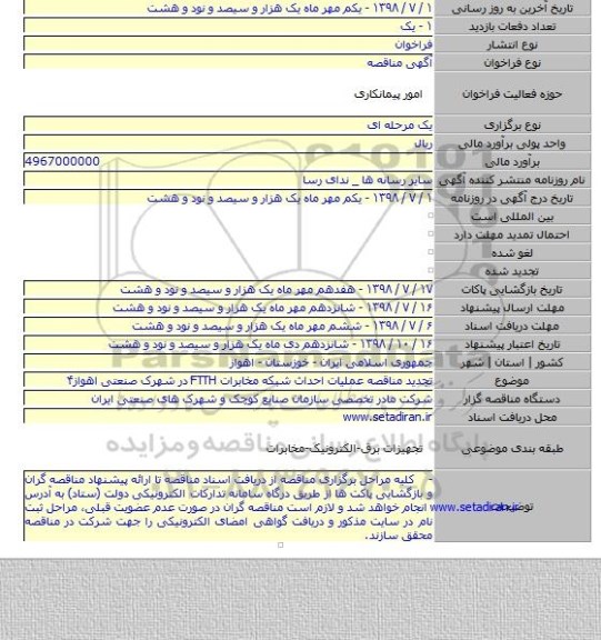 تجدید مناقصه عملیات احداث شبکه مخابرات FTTH در شهرک صنعتی اهواز۴