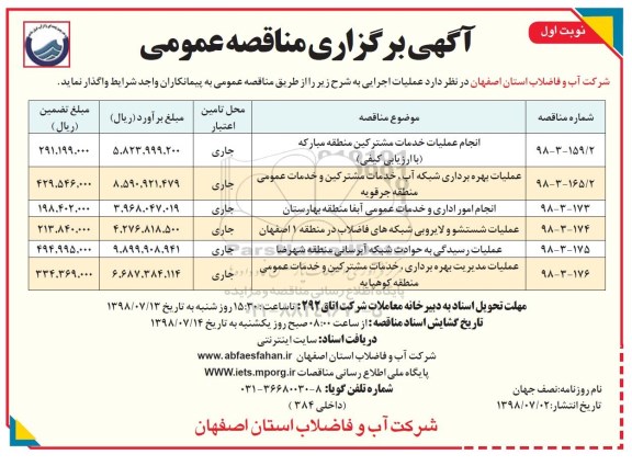 آگهی برگزاری مناقصه عمومی , مناقصه انجام عملیات خدمات مشترکین
