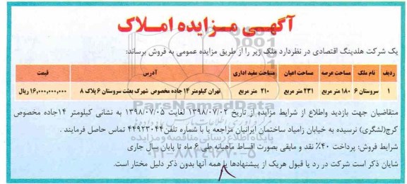 مزایده ،مزایده فروش ملک عرصه 180 متر مربع
