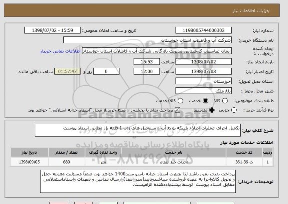 استعلام تکمیل اجرای عملیات اصلاح شبکه توزیع آب و سروصل های زون 1 قلعه تل مطابق اسناد پیوست