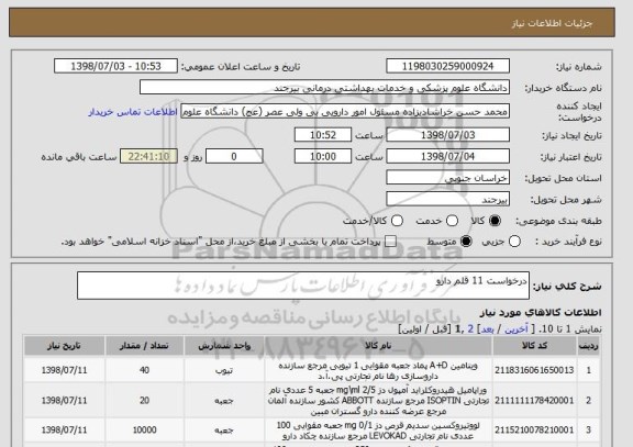 استعلام درخواست 11 قلم دارو