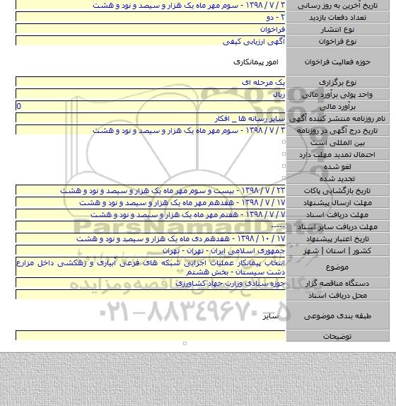انتخاب پیمانکار عملیات اجرایی شبکه های فرعی آبیاری و زهکشی داخل مزارع دشت سیستان - بخش هشتم