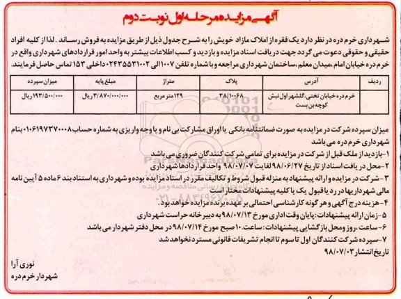 مزایده ،مزایده فروش املاک مازاد 129 مترمربع مرحله اول نوبت دوم