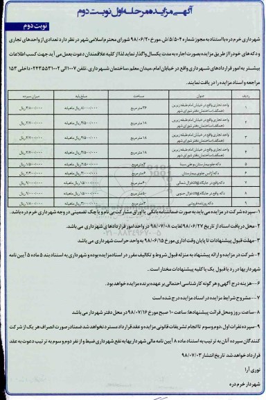 مزایده , مزایده اجاره واحد تجاری - نوبت دوم