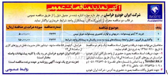 تمدید مناقصه عمومی, تمدید مناقصه خرید 3 آیتم پیستولت، درپوش و لوازم تعمیر پیستولت دویل بیس... 