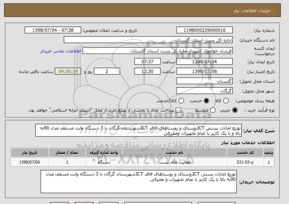 استعلام توزیع امانات پستی ICTروستای و روستاهای فاقد ICTشهرستان گرگان با 3 دستگاه وانت مسقف مدل 90به بالا و با یک کاربر با تمام تجهیزات ومصرفی