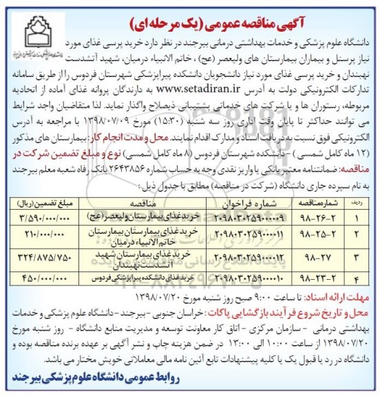 مناقصه, مناقصه  خرید پرسی غذای مورد نیاز پرسنل و بیماران بیمارستان