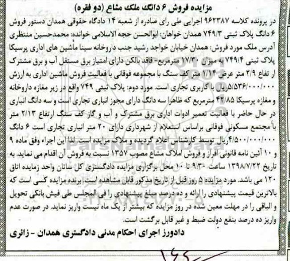 مزایده ، مزایده فروش 6 دانگ ملک مشاع