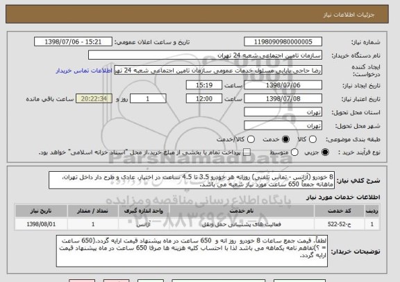 استعلام 8 خودرو (آژانس - تماس تلفنی) روزانه هر خودرو 3.5 تا 4.5 ساعت در اختیار، عادی و طرح دار داخل تهران، ماهانه جمعاً 650 ساعت مورد نیاز شعبه می باشد.