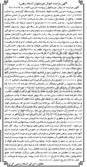 آگهی مزایده ،مزایده ششدانگ یکدستگاه آپارتمان