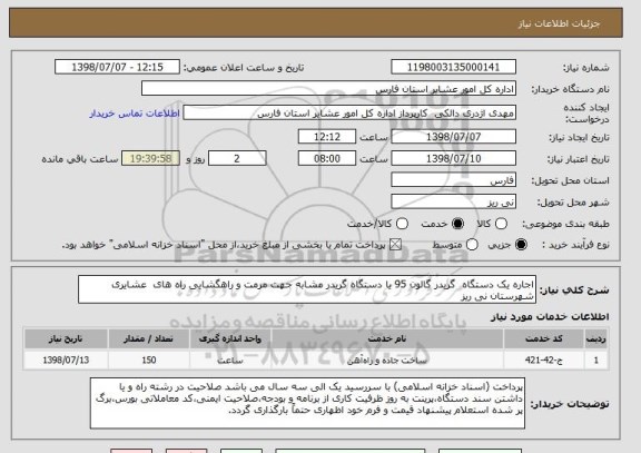 استعلام اجاره یک دستگاه  گریدر گالون 95 یا دستگاه گریدر مشابه جهت مرمت و راهگشایی راه های  عشایری شهرستان نی ریز