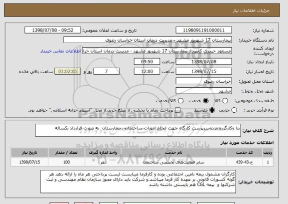 استعلام بنا وکارگرروزمزدوسرپرست کارگاه جهت انجام امورات ساختمانی بیمارستان  به صورت قرارداد یکساله 