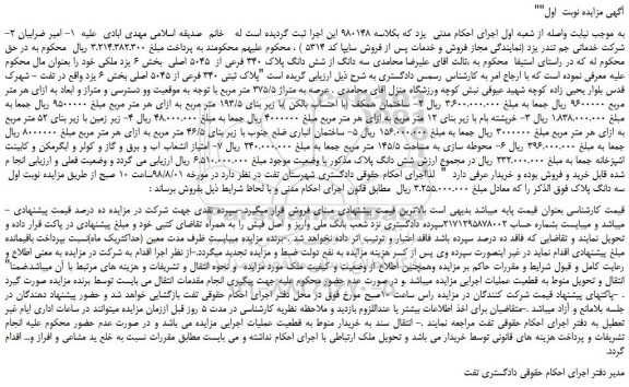 مزایده، مزایده فروش سه دانگ از شش دانگ پلاک 340 فرعی از 5045 اصلی